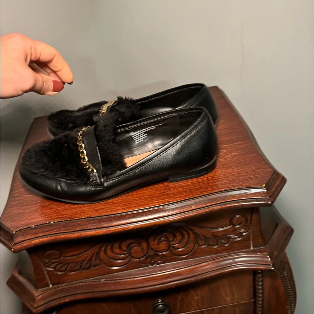Black and Gold Patent Leather Flats with Chain Detail